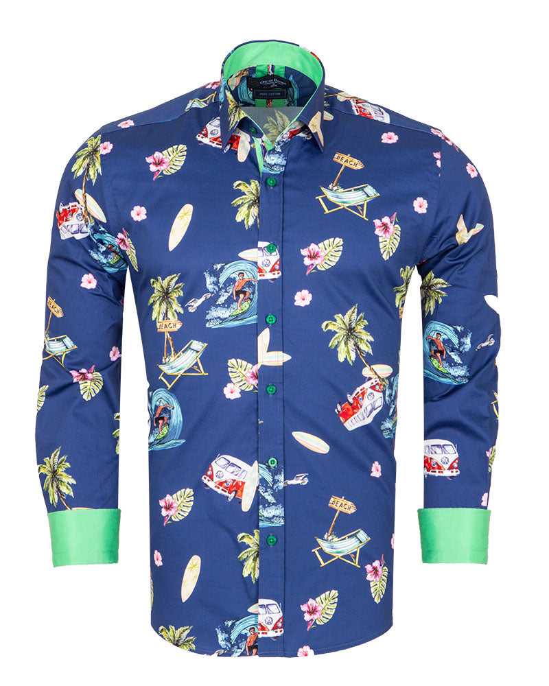 Blue Beach Print Long Sleeve Pure Cotton Shirt-Makrom