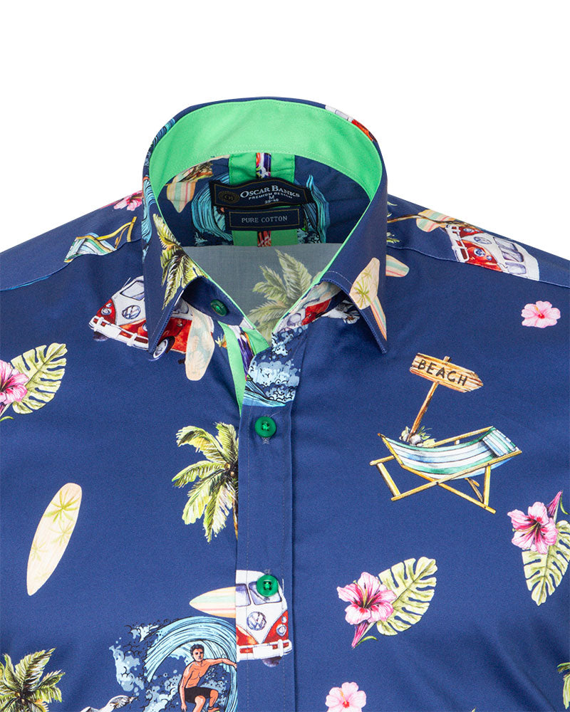 Blue Beach Print Long Sleeve Pure Cotton Shirt-Makrom