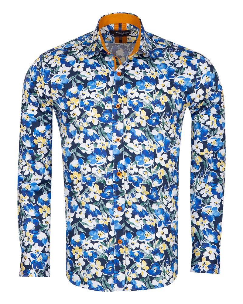 Blue Cosmos Flower Print Shirt with Matching Handkerchief-Makrom