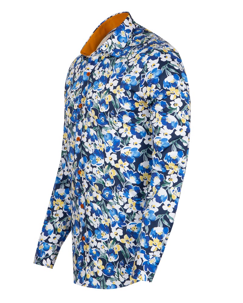 Blue Cosmos Flower Print Shirt with Matching Handkerchief-Makrom