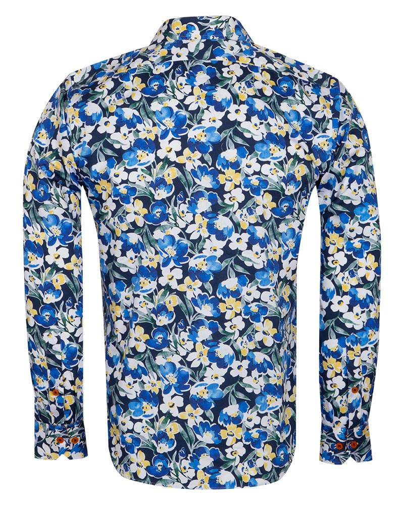 Blue Cosmos Flower Print Shirt with Matching Handkerchief-Makrom
