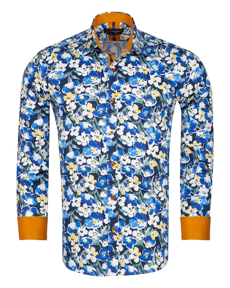 Blue Cosmos Flower Print Shirt with Matching Handkerchief-Makrom