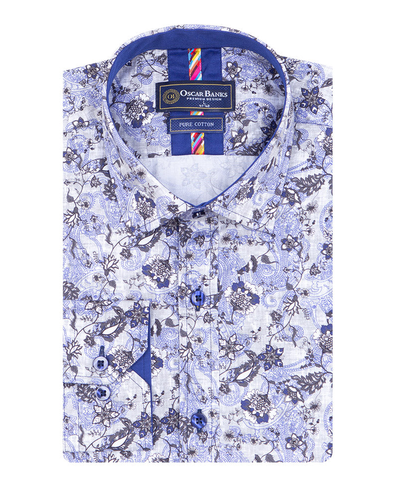 Blue Floral Paisley Print Shirt with Matching Handkerchief-Makrom