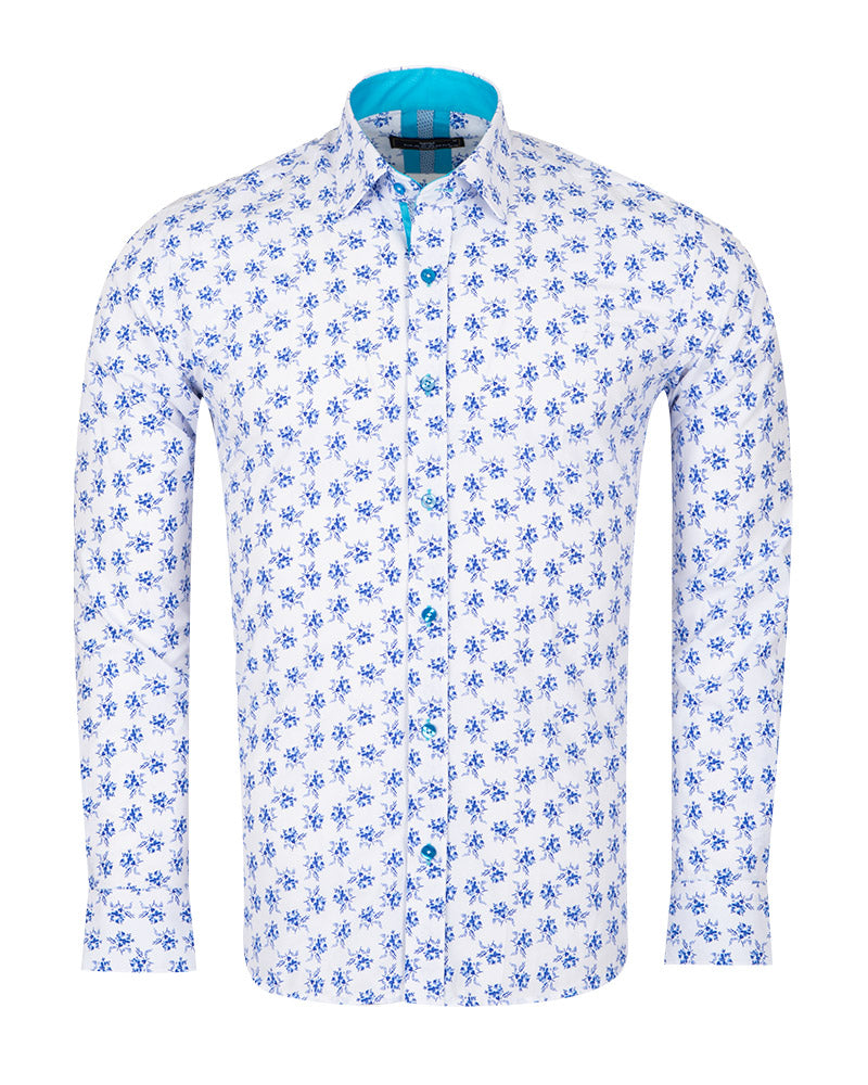 Blue Floral Print Men's Shirt-Makrom