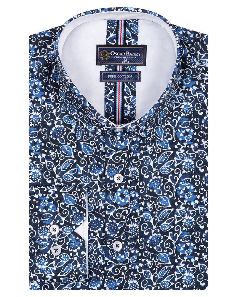 Blue Floral Print Pure Cotton Shirt-Makrom