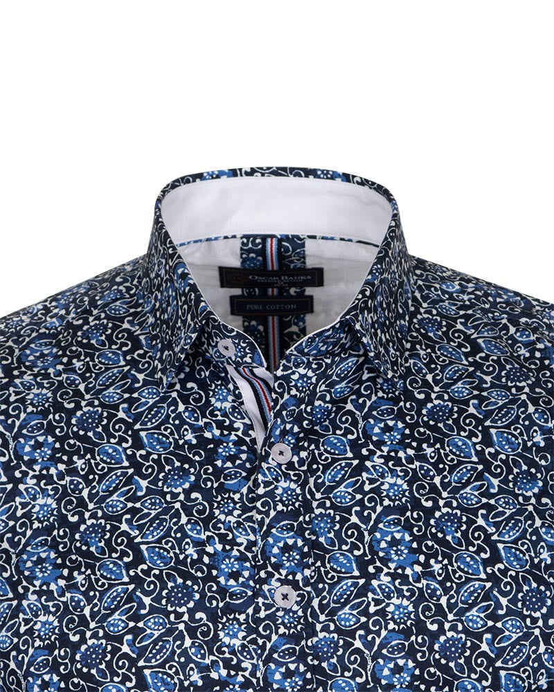 Blue Floral Print Pure Cotton Shirt-Makrom