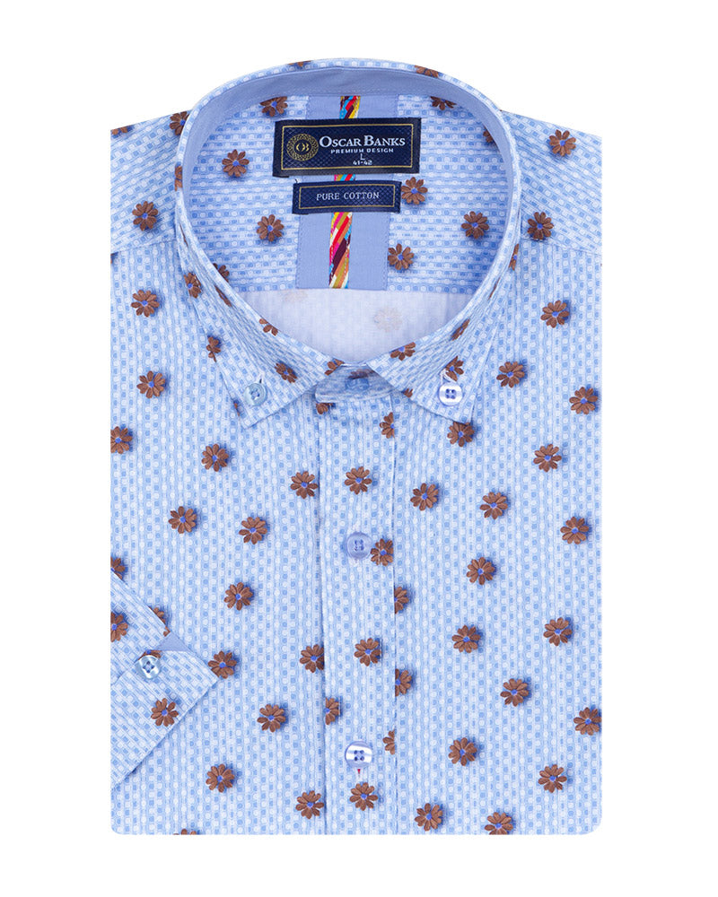 Blue Floral Print Short Sleeve Shirt-Makrom