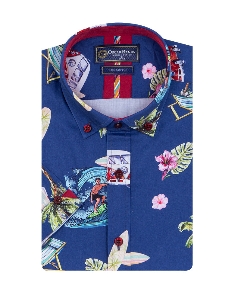 Blue Hawaiian Print Short Sleeve Shirt-Makrom
