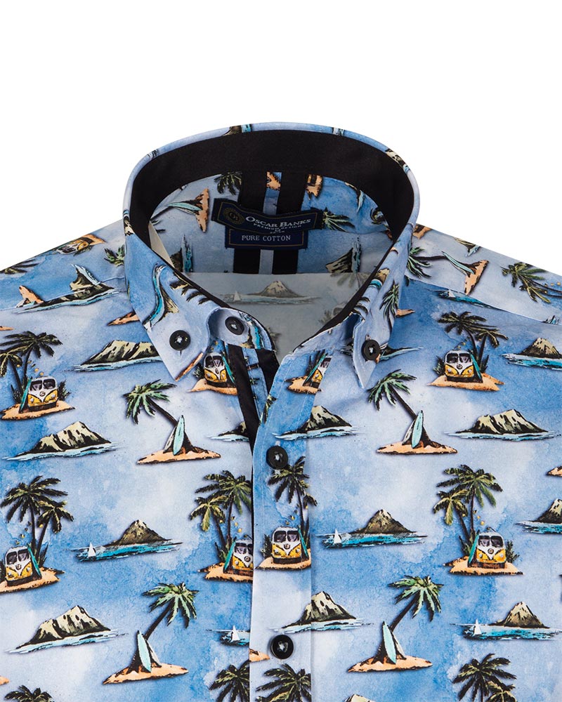 Blue Island Print Short Sleeve Shirt-Makrom