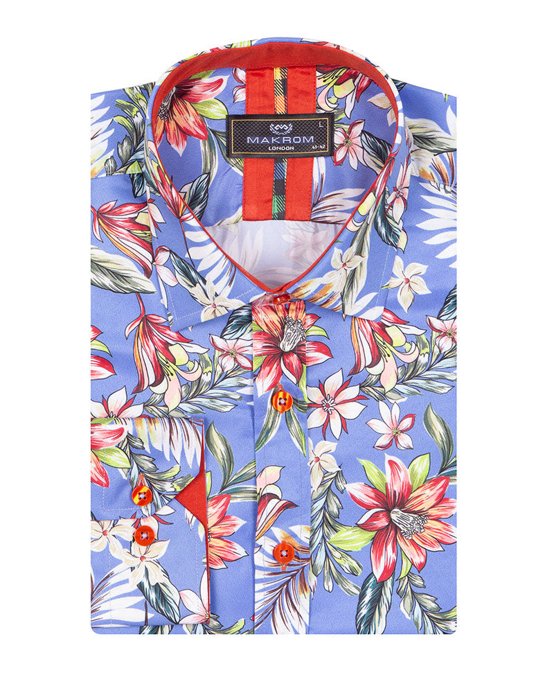 Blue Jasmine Flower Print Shirt-Makrom