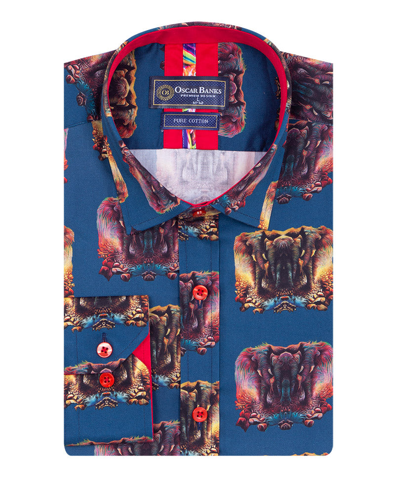 Blue Mammoth Print Shirt with Matching Handkerchief-Makrom