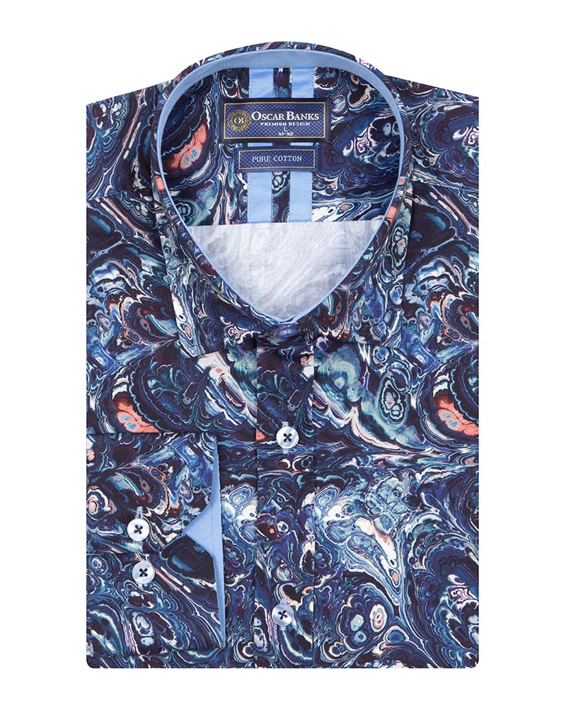 Blue Paisley Crust Print Shirt with Matching Handkerchief-Makrom