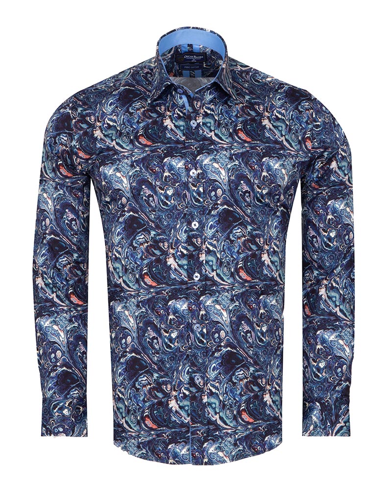 Blue Paisley Crust Print Shirt with Matching Handkerchief-Makrom