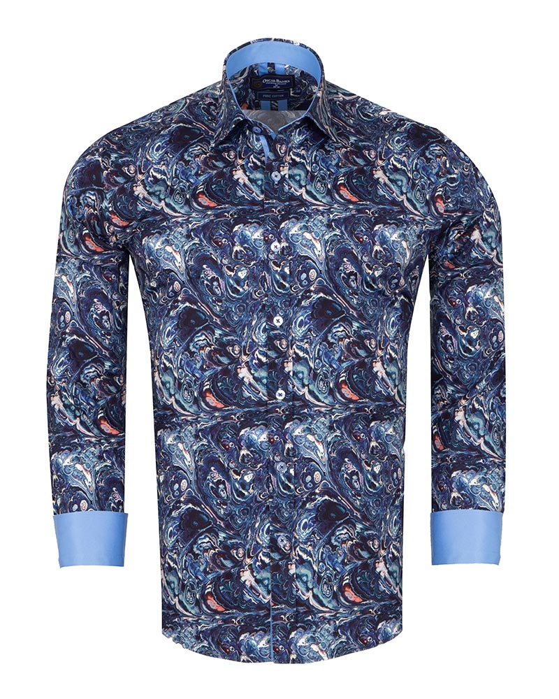 Blue Paisley Crust Print Shirt with Matching Handkerchief-Makrom