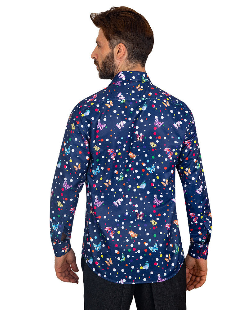 Blue Polka Dot Butterfly Print Shirt-Makrom