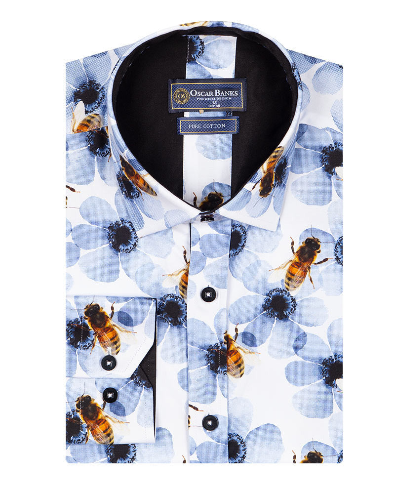 Blue Pure Cotton Honey Bee Print Men's Shirt-Makrom