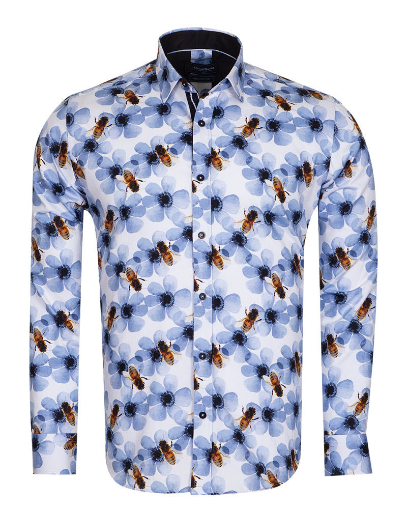 Blue Pure Cotton Honey Bee Print Men's Shirt-Makrom