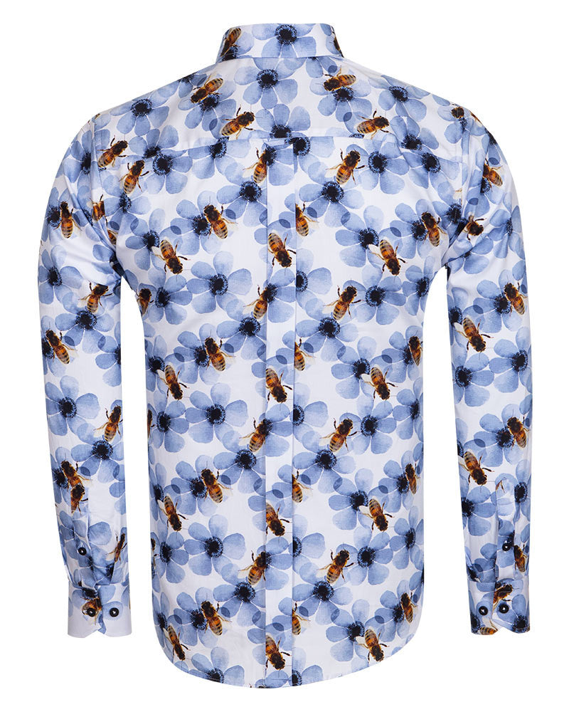Blue Pure Cotton Honey Bee Print Men's Shirt-Makrom