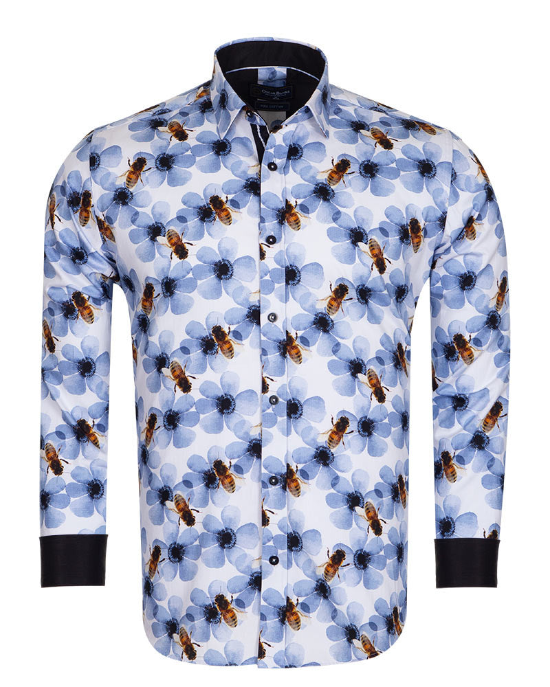 Blue Pure Cotton Honey Bee Print Men's Shirt-Makrom