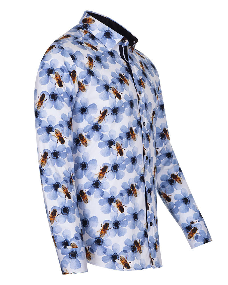 Blue Pure Cotton Honey Bee Print Men's Shirt-Makrom