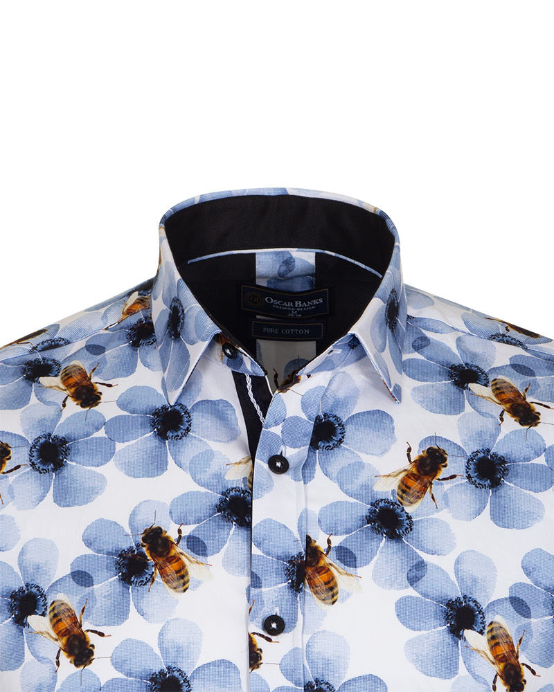 Blue Pure Cotton Honey Bee Print Men's Shirt-Makrom