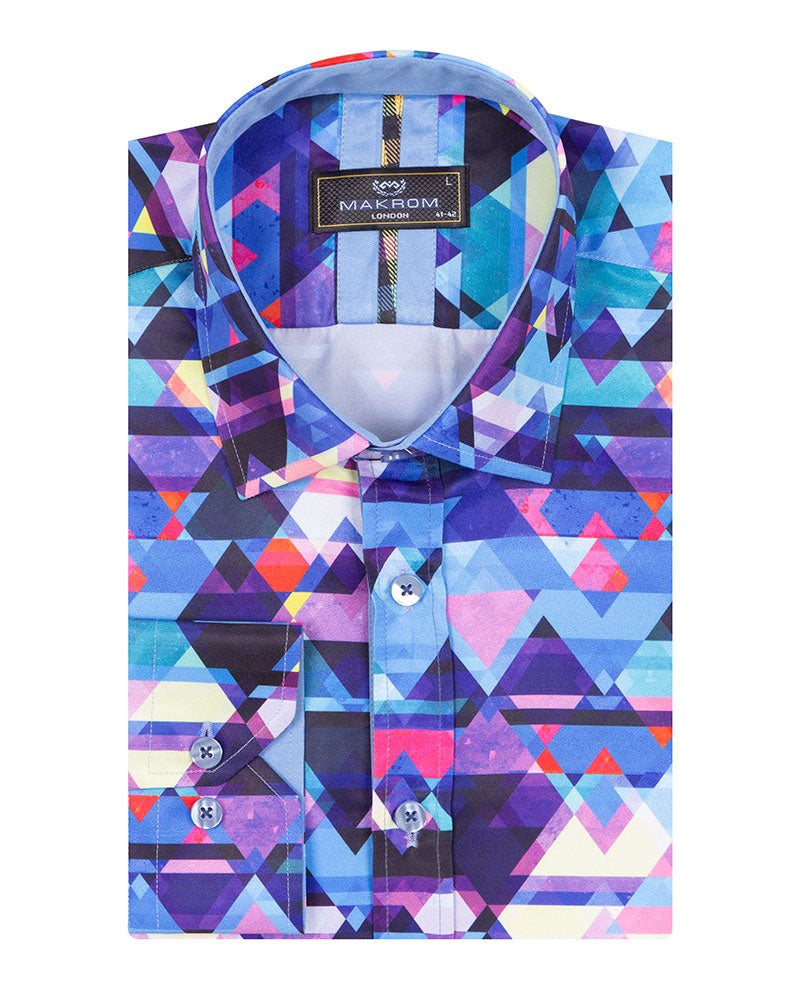 Blue Retro Geometric Triangle Print Shirt-Makrom