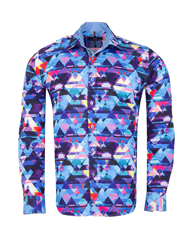 Blue Retro Geometric Triangle Print Shirt-Makrom
