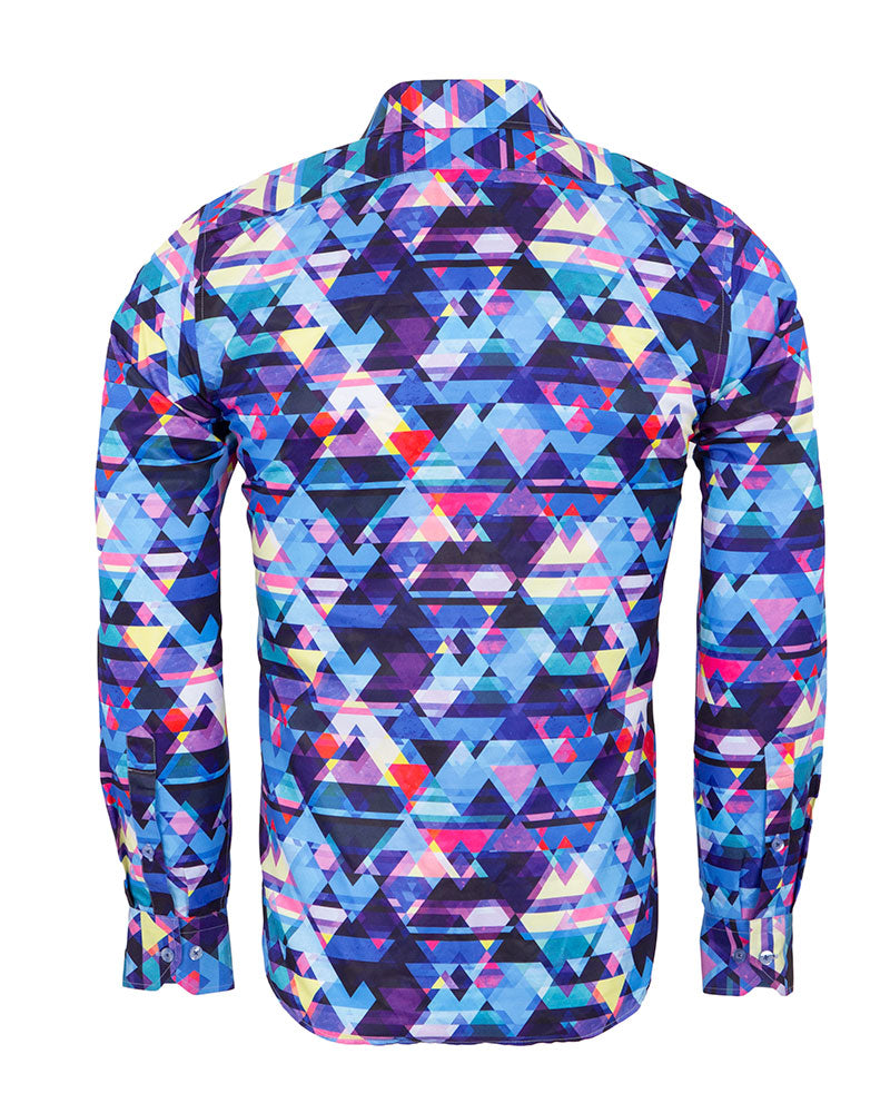 Blue Retro Geometric Triangle Print Shirt-Makrom