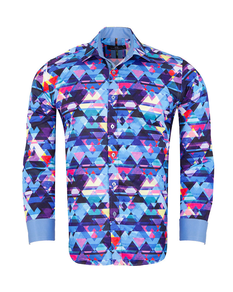 Blue Retro Geometric Triangle Print Shirt-Makrom