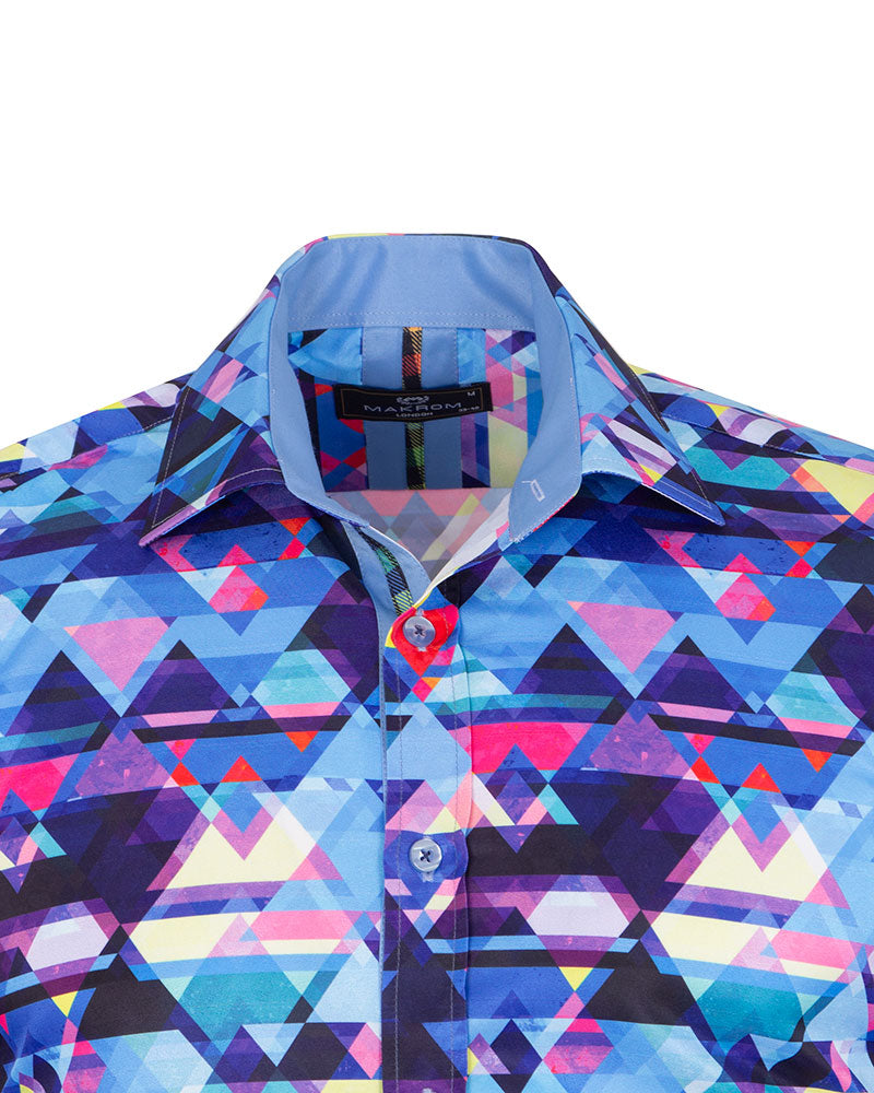 Blue Retro Geometric Triangle Print Shirt-Makrom