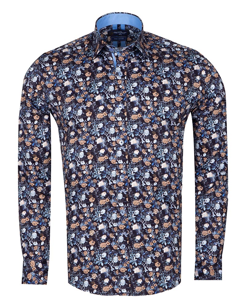 Blue Rose Print Men's Shirt with Matching Handkerchief-Makrom