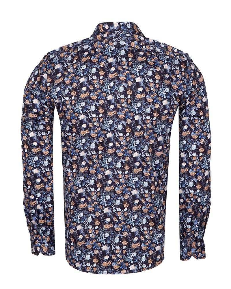 Blue Rose Print Men's Shirt with Matching Handkerchief-Makrom