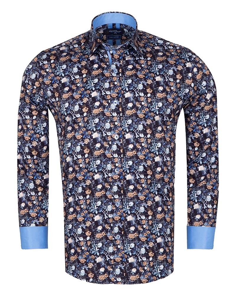 Blue Rose Print Men's Shirt with Matching Handkerchief-Makrom