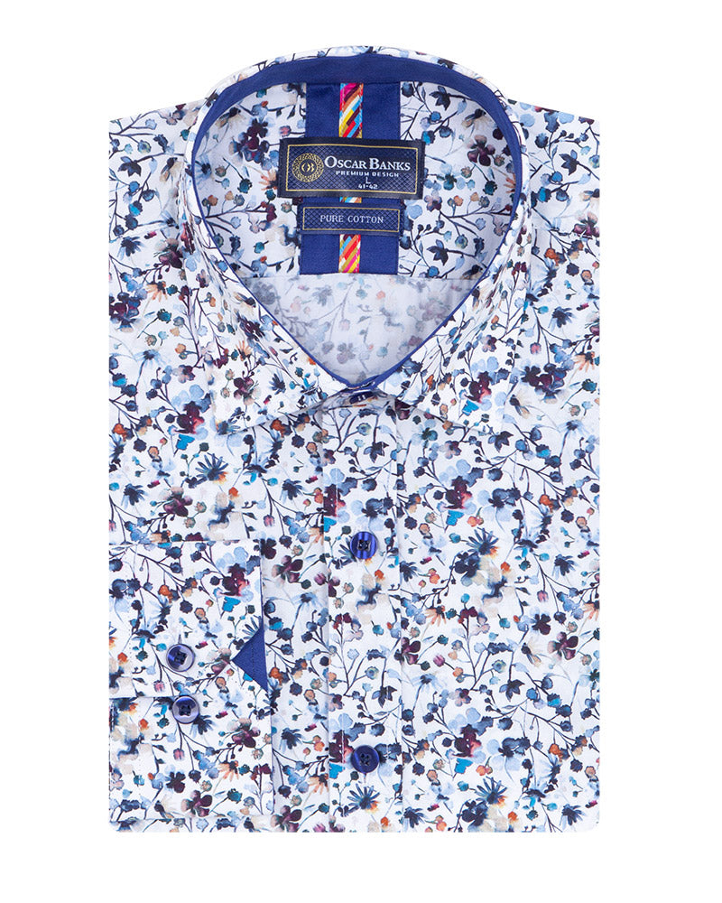 Blue Small Floral Print Shirt with Matching Handkerchief-Makrom