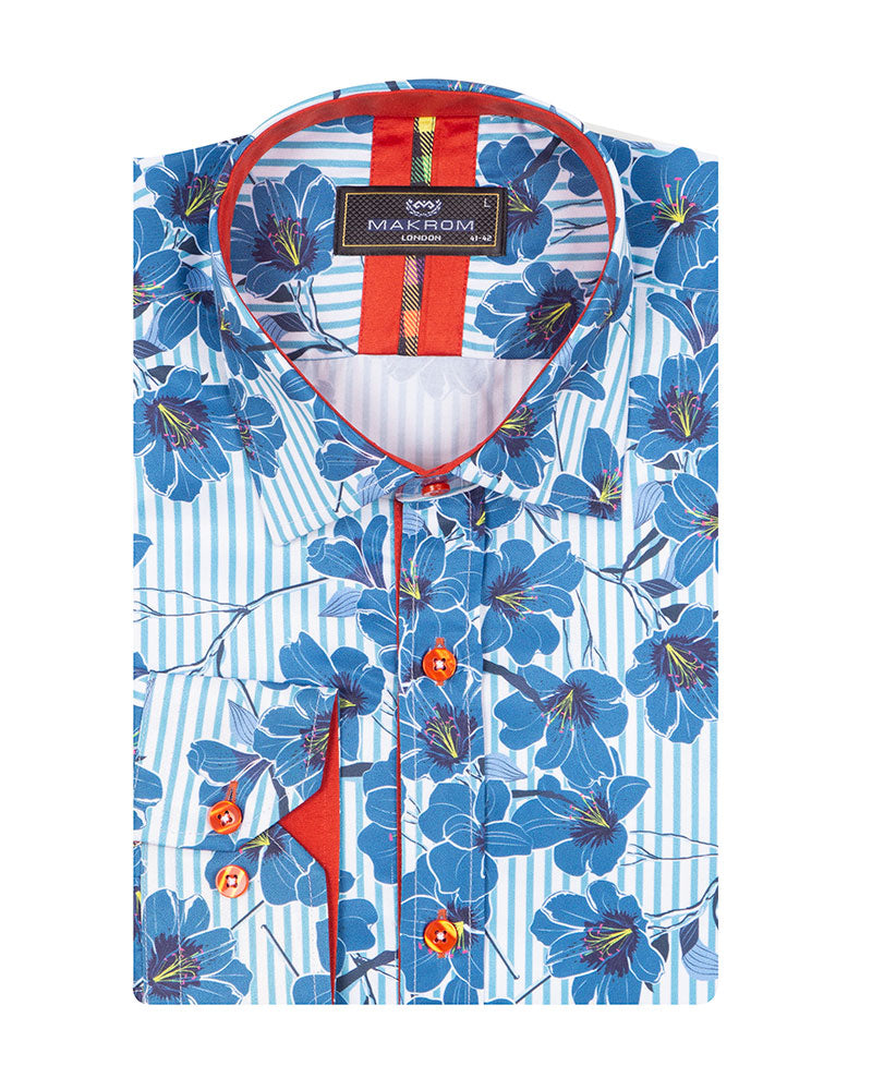 Blue Stripe Daisy Floral Print Shirt-Makrom