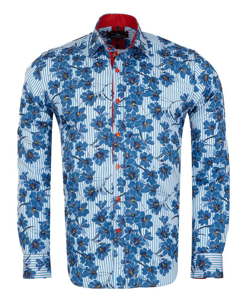 Blue Stripe Daisy Floral Print Shirt-Makrom