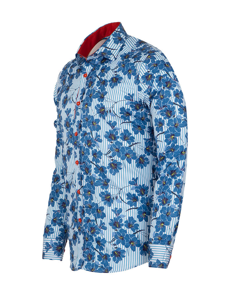 Blue Stripe Daisy Floral Print Shirt-Makrom