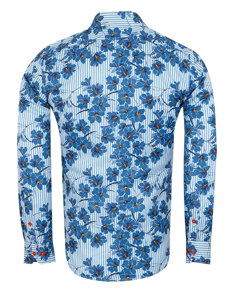 Blue Stripe Daisy Floral Print Shirt-Makrom
