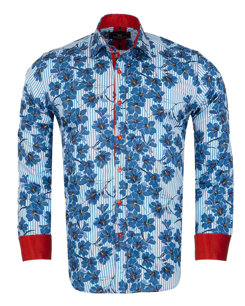 Blue Stripe Daisy Floral Print Shirt-Makrom