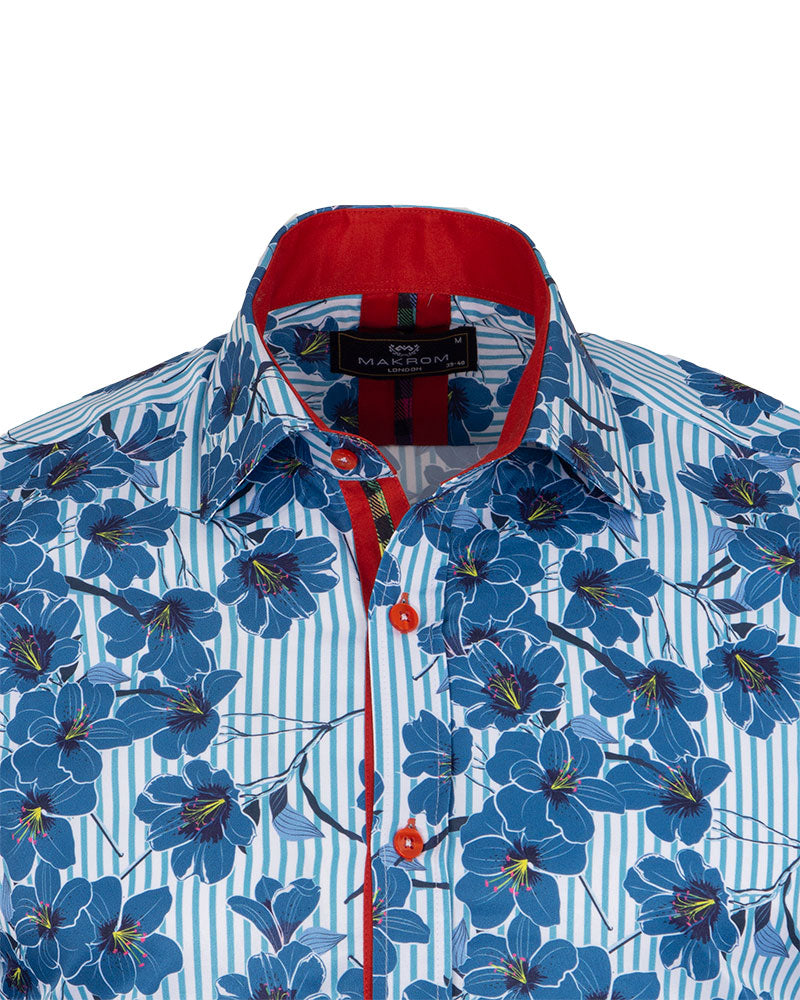 Blue Stripe Daisy Floral Print Shirt-Makrom
