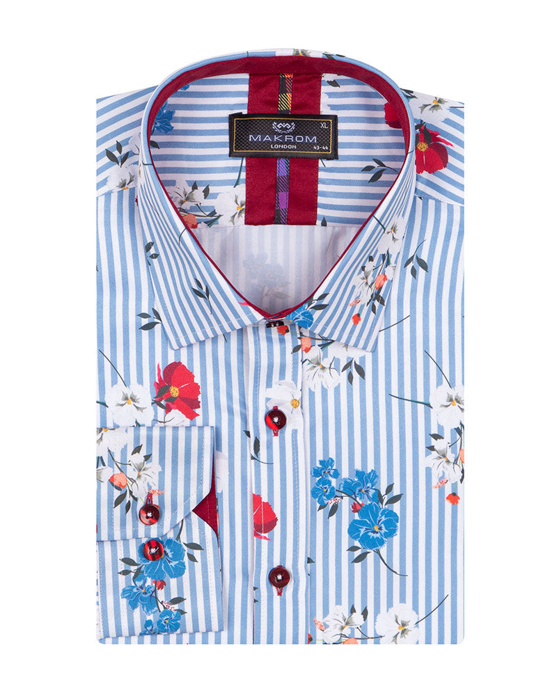 Blue Striped Floral Design Print Shirt-Makrom