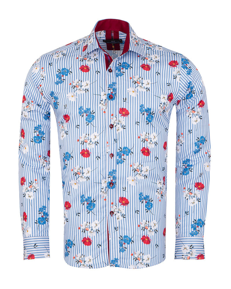 Blue Striped Floral Design Print Shirt-Makrom