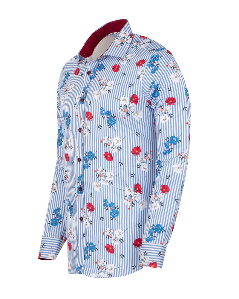 Blue Striped Floral Design Print Shirt-Makrom