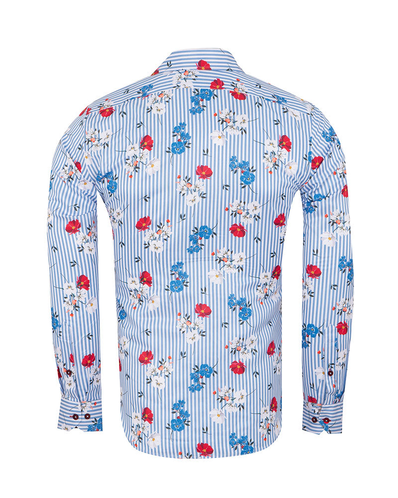 Blue Striped Floral Design Print Shirt-Makrom