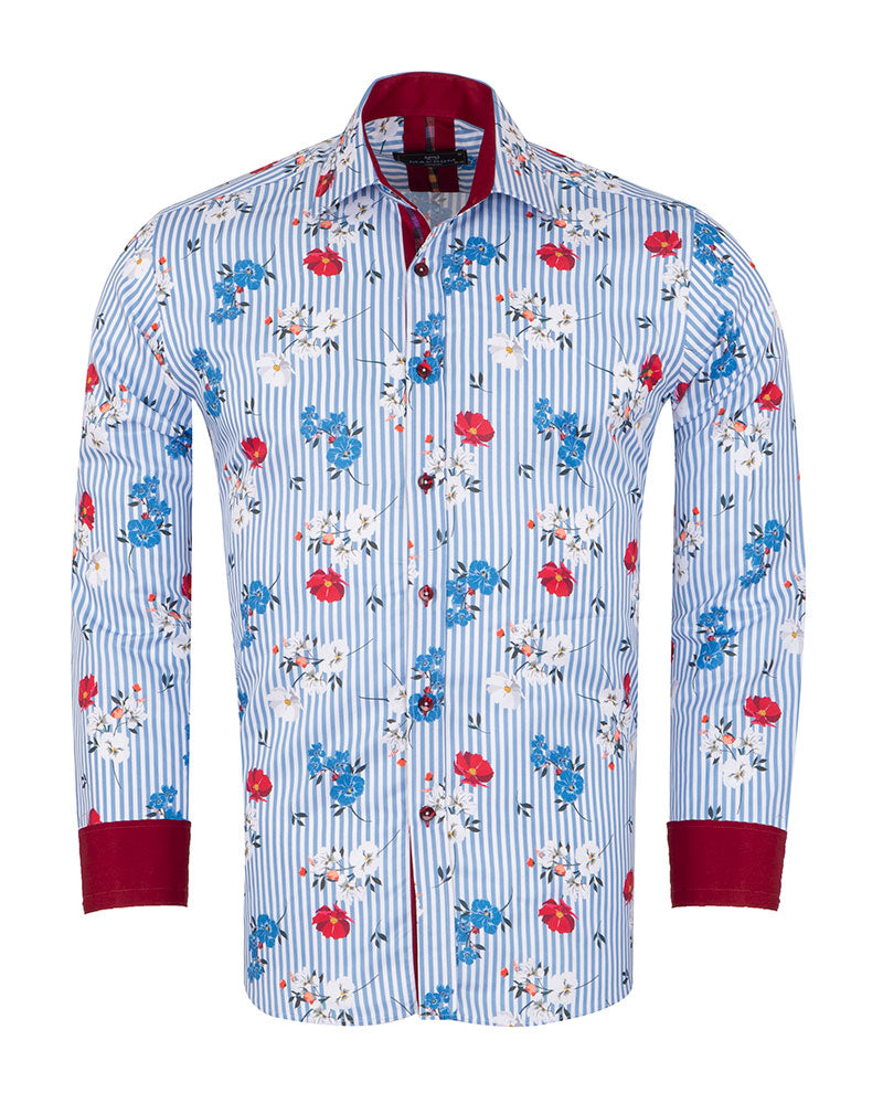 Blue Striped Floral Design Print Shirt-Makrom