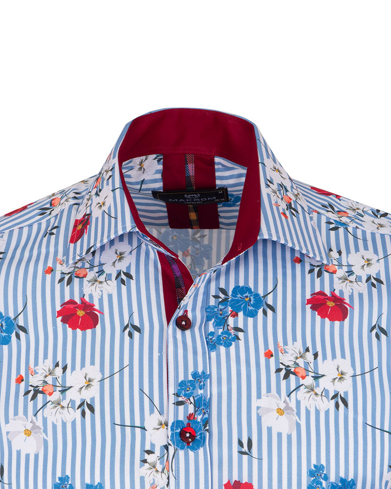 Blue Striped Floral Design Print Shirt-Makrom