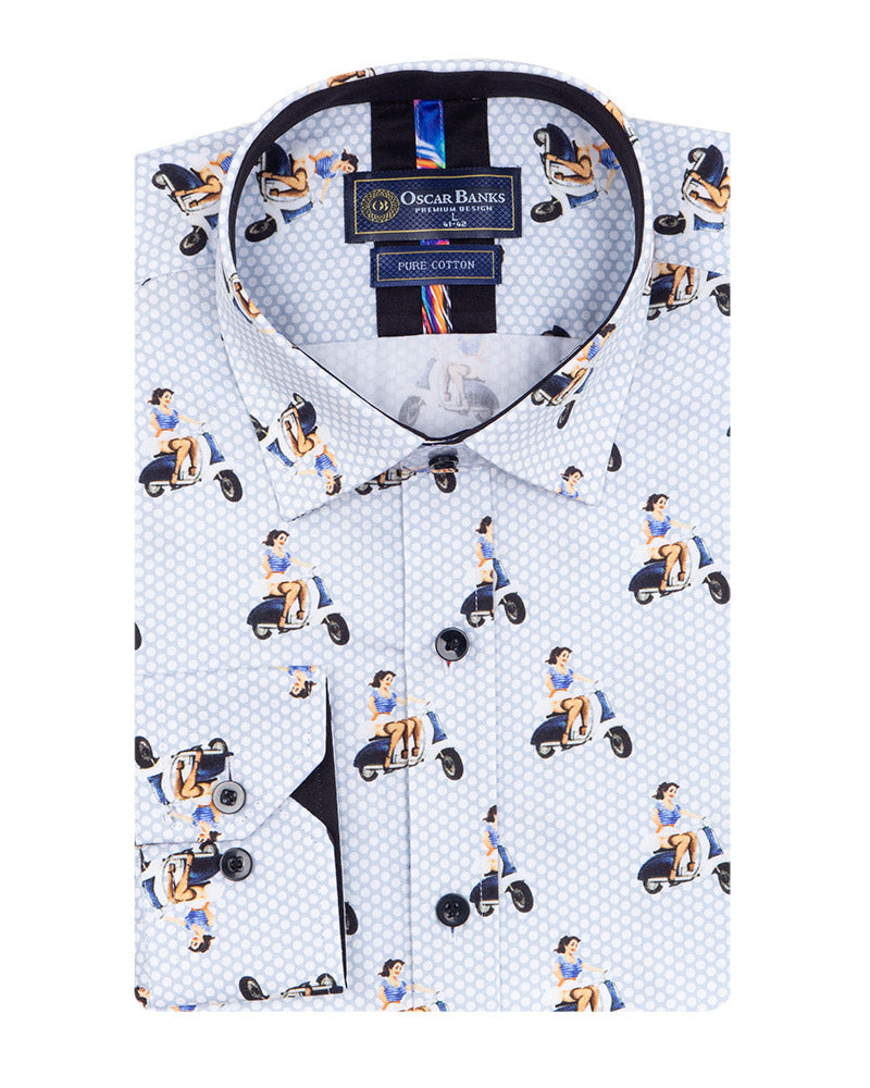 Blue Vespa Print Shirt with Matching Handkerchief-Makrom