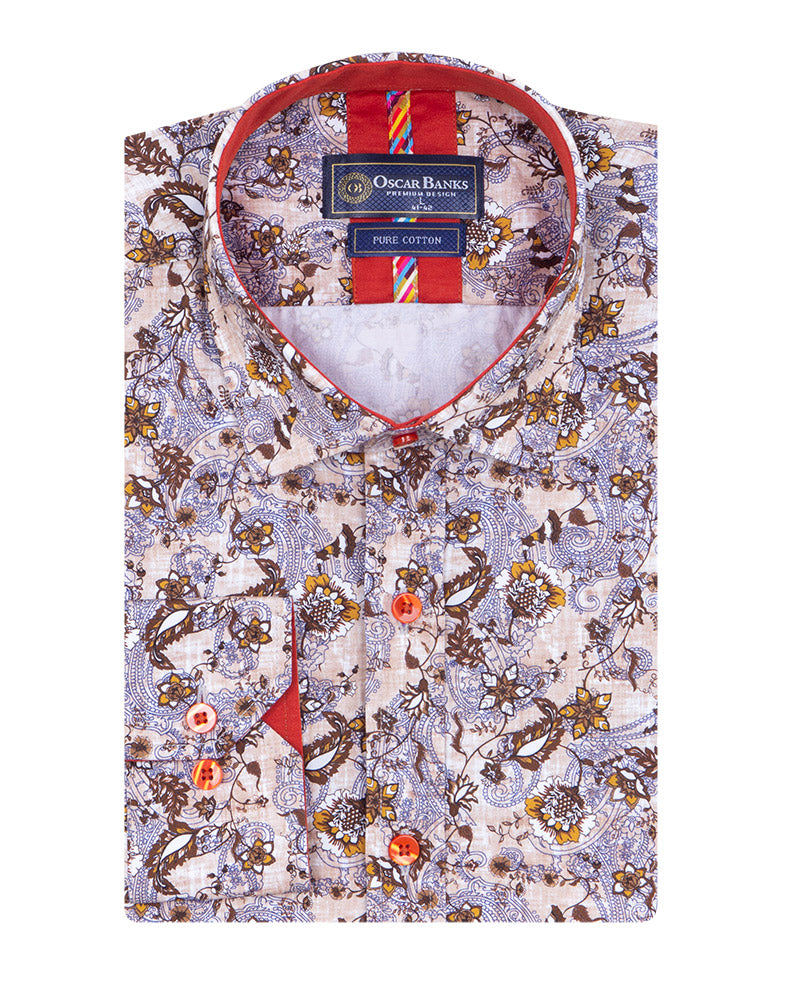 Brown Paisley Print Shirt with Matching Handkerchief-Makrom