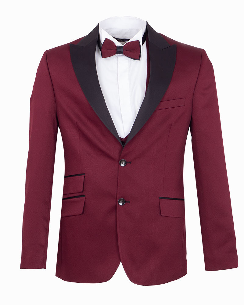 Burgundy Contrasting Lapel Blazer & Waistcoat-Makrom