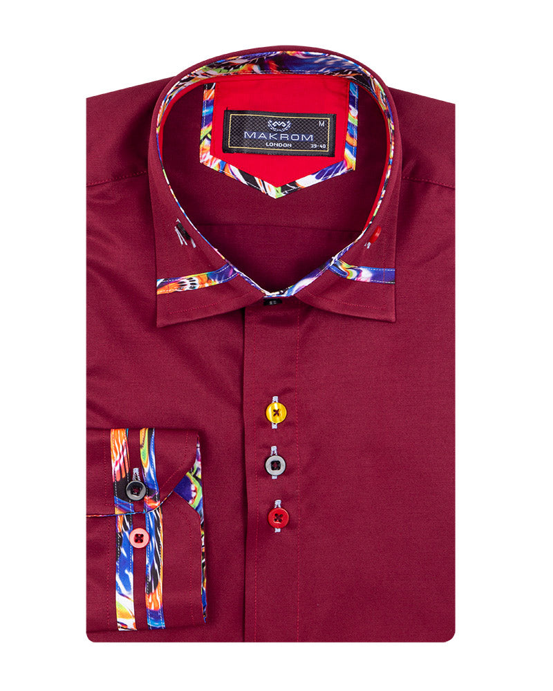 Burgundy Fashion Shirt with Colourful Collar Tip Design-Makrom